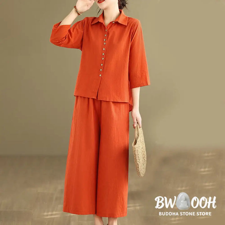BWOOOH 2pcs Casual Women’s Stand Collar Shirt Loose Pants Meditation Clothing Set - Women’s Meditation Cloth