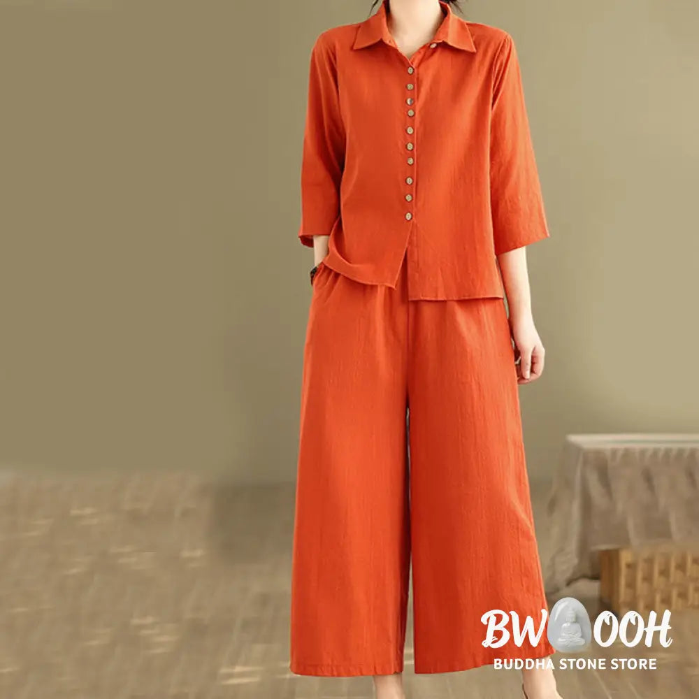 BWOOOH 2pcs Casual Women’s Stand Collar Shirt Loose Pants Meditation Clothing Set - Women’s Meditation Cloth