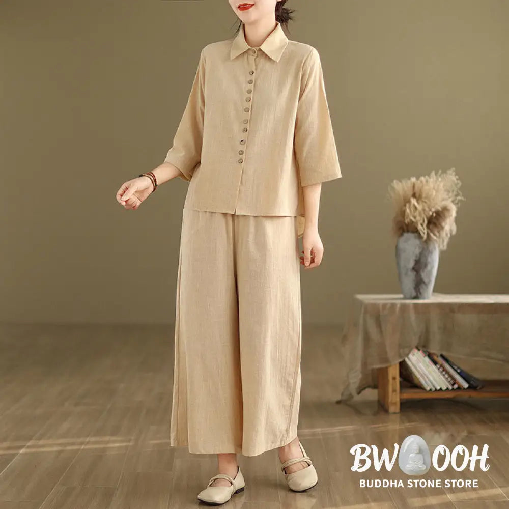 BWOOOH 2pcs Casual Women’s Stand Collar Shirt Loose Pants Meditation Clothing Set - Women’s Meditation Cloth