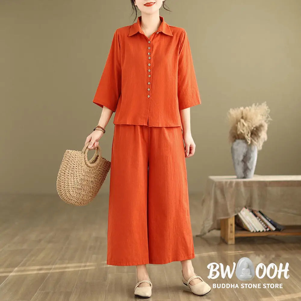 BWOOOH 2pcs Casual Women’s Stand Collar Shirt Loose Pants Meditation Clothing Set - Women’s Meditation Cloth