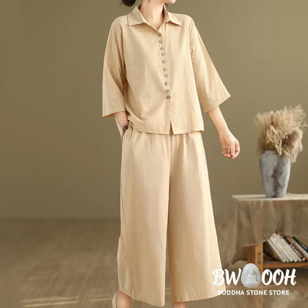 BWOOOH 2pcs Casual Women’s Stand Collar Shirt Loose Pants Meditation Clothing Set - Women’s Meditation Cloth