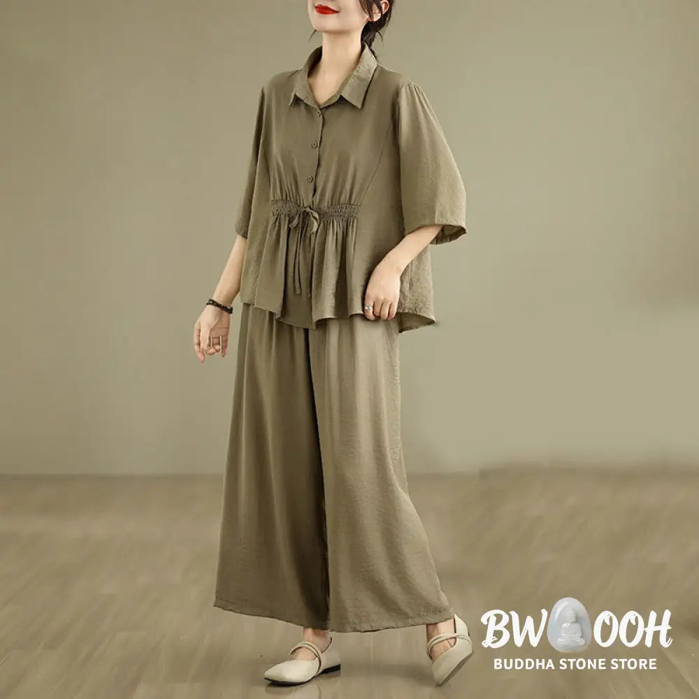 BWOOOH 2pcs Casual Women’s Stand Collar Shirt Loose Pants Meditation Clothing Set - Women’s Meditation Cloth