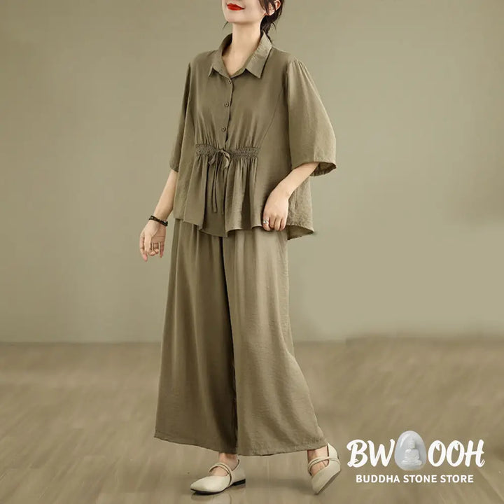 BWOOOH 2pcs Casual Women’s Stand Collar Shirt Loose Pants Meditation Clothing Set - Women’s Meditation Cloth