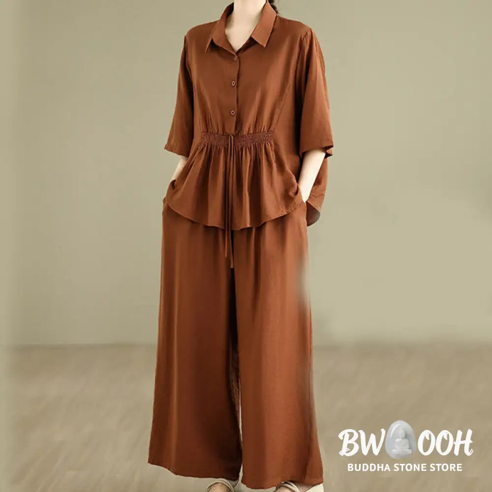 BWOOOH 2pcs Casual Women’s Stand Collar Shirt Loose Pants Meditation Clothing Set - Women’s Meditation Cloth