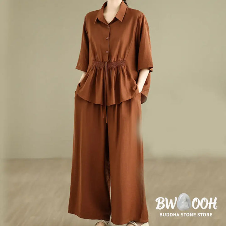 BWOOOH 2pcs Casual Women’s Stand Collar Shirt Loose Pants Meditation Clothing Set - Women’s Meditation Cloth