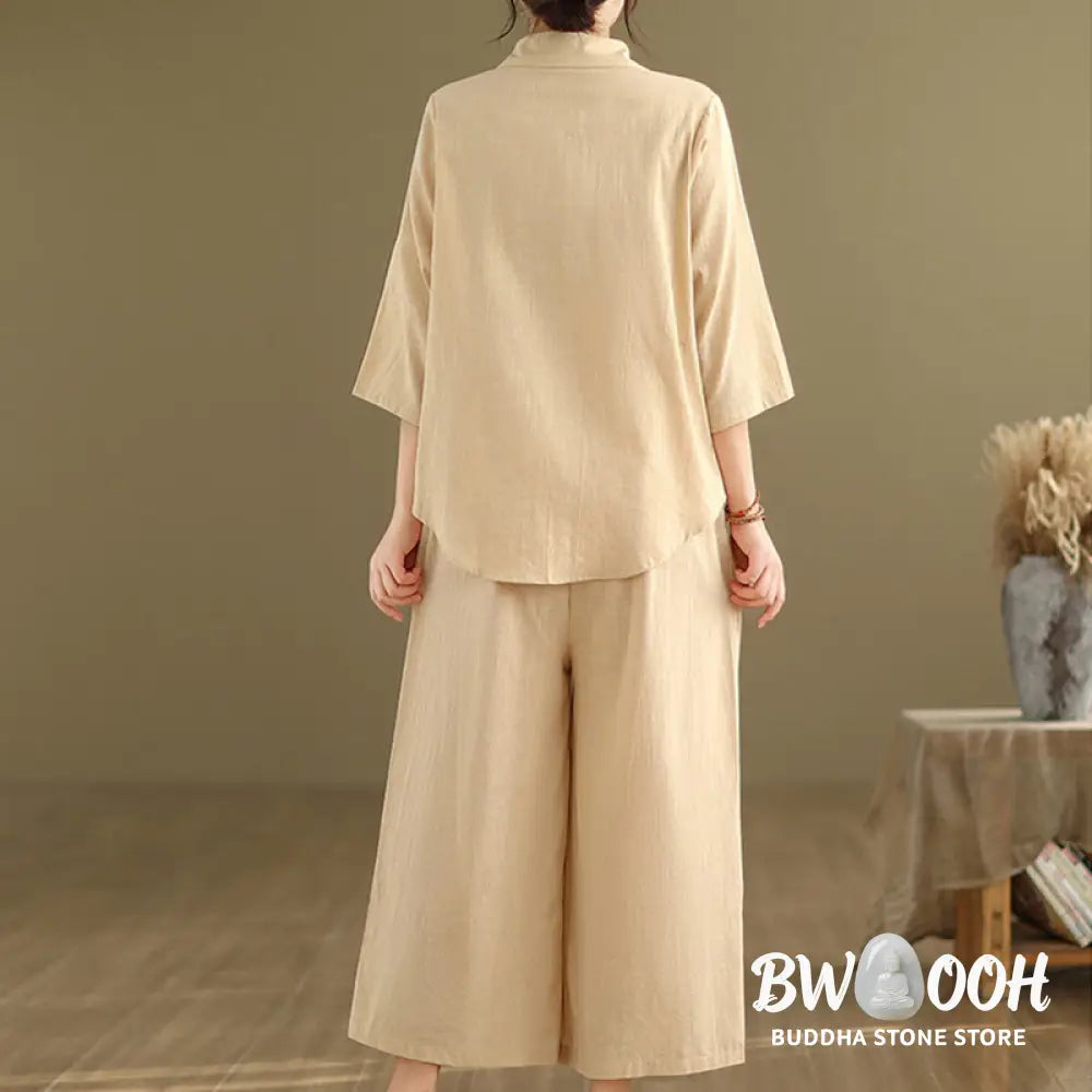 BWOOOH 2pcs Casual Women’s Stand Collar Shirt Loose Pants Meditation Clothing Set - Women’s Meditation Cloth