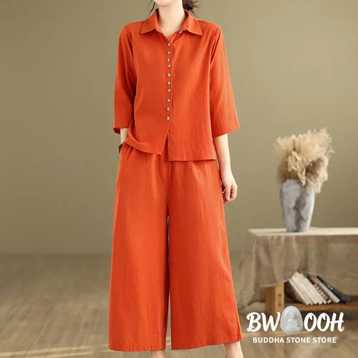 BWOOOH 2pcs Casual Women’s Stand Collar Shirt Loose Pants Meditation Clothing Set - Women’s Meditation Cloth