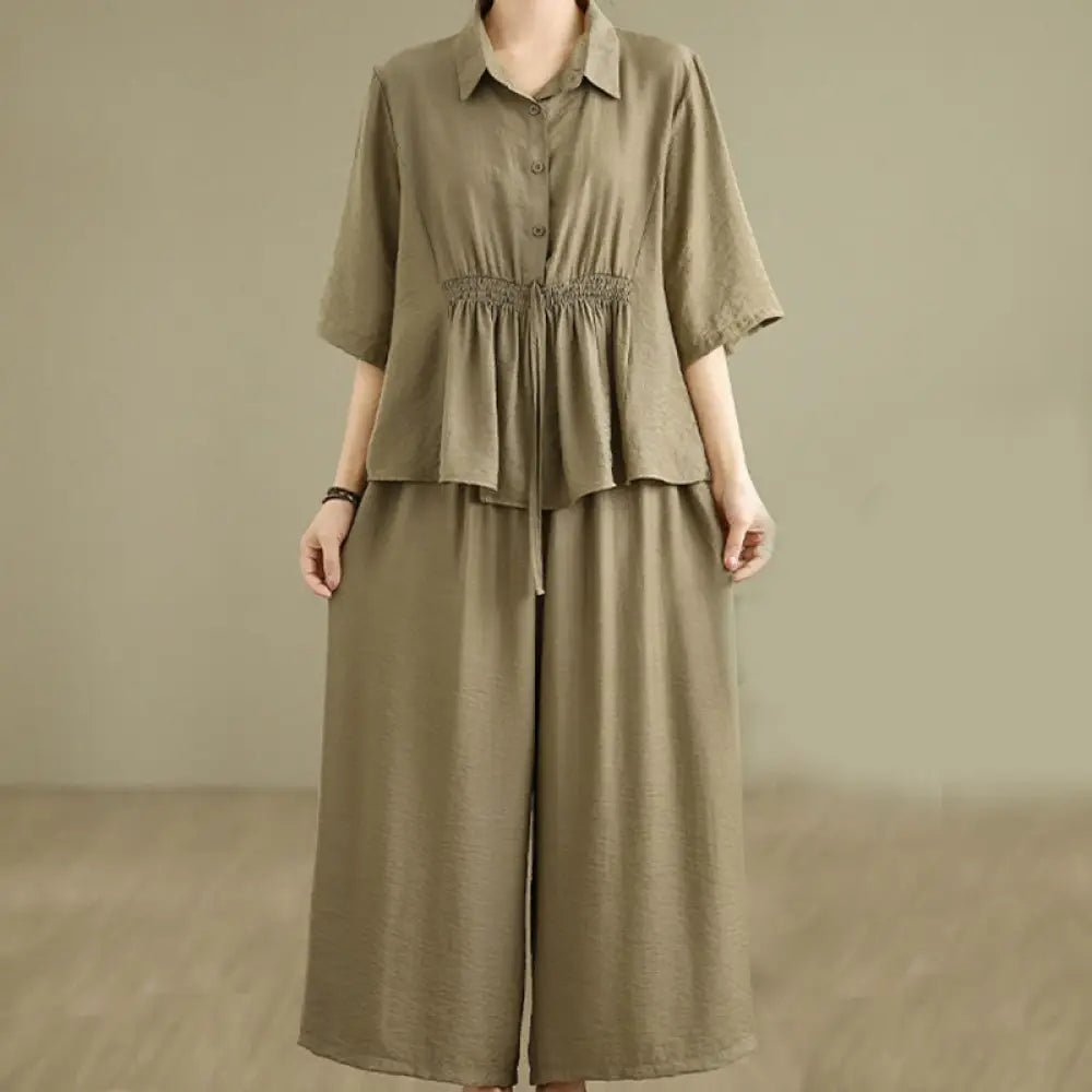 BWOOOH 2pcs Casual Women’s Stand Collar Shirt Loose Pants Meditation Clothing Set - DarkKhaki / US4，UK/AU8，EU36 (M)