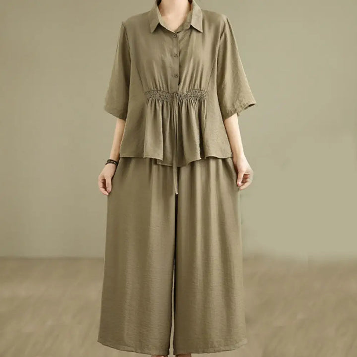 BWOOOH 2pcs Casual Women’s Stand Collar Shirt Loose Pants Meditation Clothing Set - DarkKhaki / US4，UK/AU8，EU36 (M)