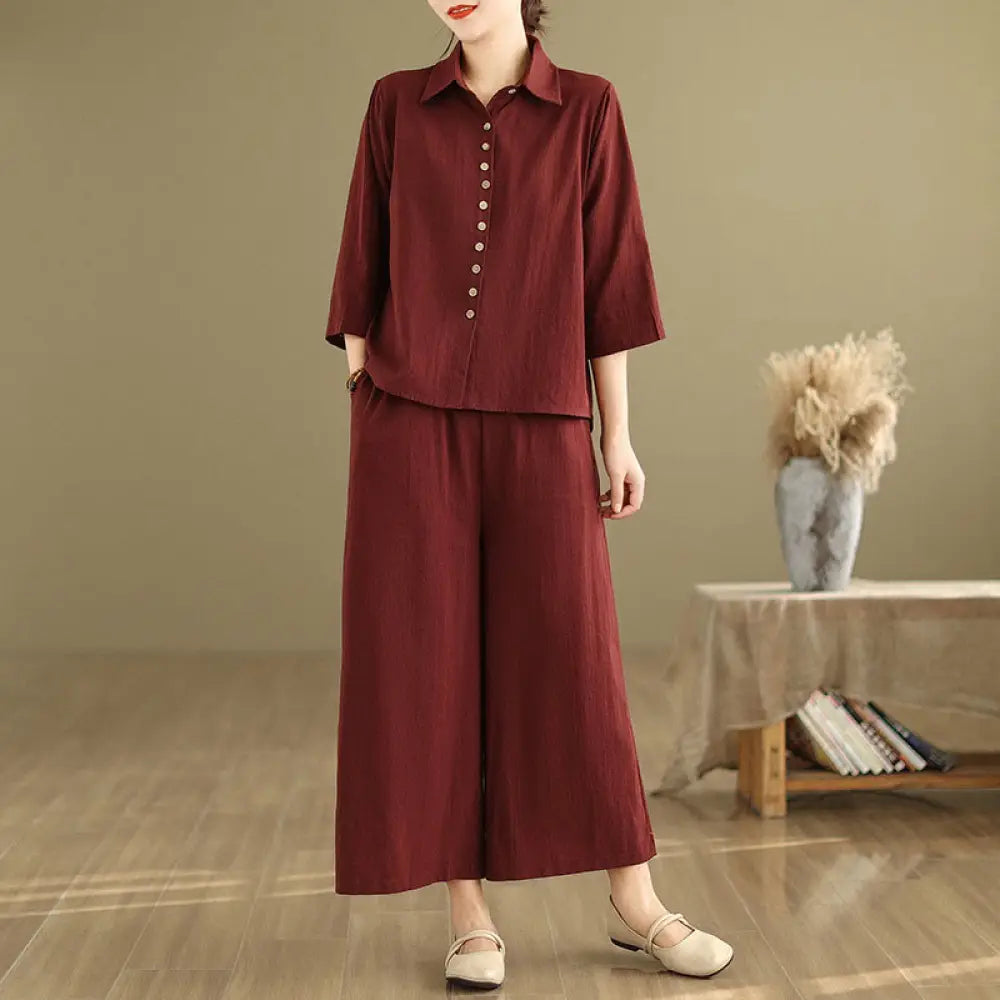 BWOOOH 2pcs Casual Women’s Stand Collar Shirt Loose Pants Meditation Clothing Set - Maroon / US4，UK/AU8，EU36 (M)