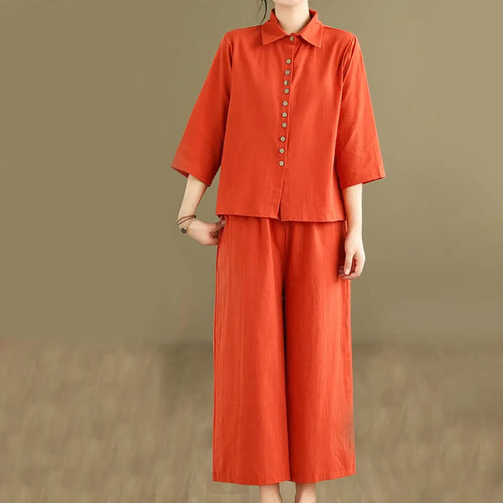 BWOOOH 2pcs Casual Women’s Stand Collar Shirt Loose Pants Meditation Clothing Set - OrangeRed / US4，UK/AU8，EU36 (M)