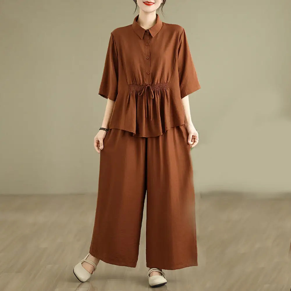 BWOOOH women's stand-collar shirt and loose pants meditation set.