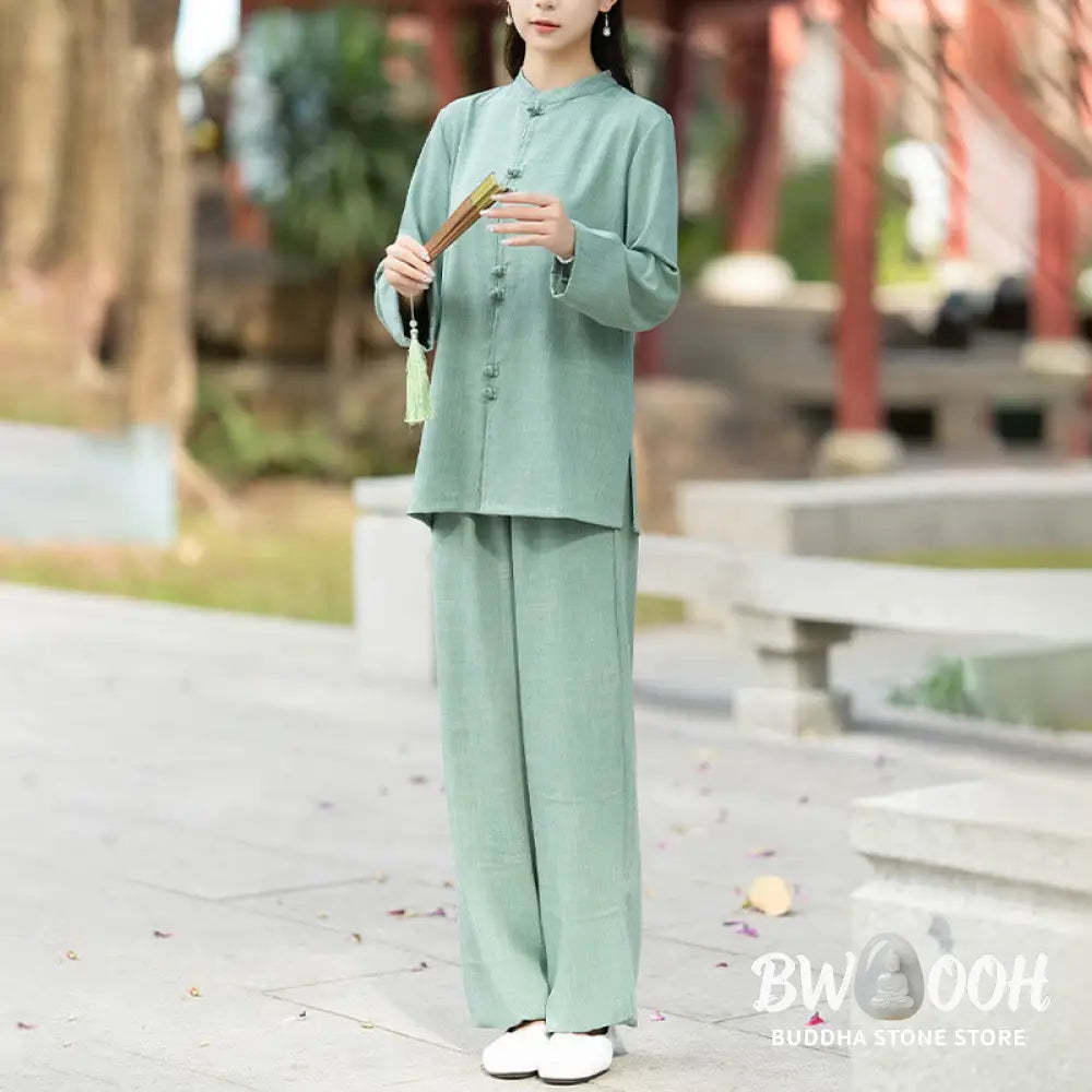 BWOOOH 2Pcs Chinese Frog-Button Long Sleeve Shirt Top Pants Meditation Zen Tai Chi Cotton Clothing Women’s Set
