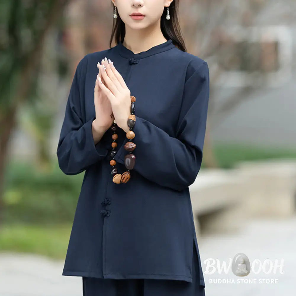 BWOOOH 2Pcs Chinese Frog-Button Long Sleeve Shirt Top Pants Meditation Zen Tai Chi Cotton Clothing Women’s Set