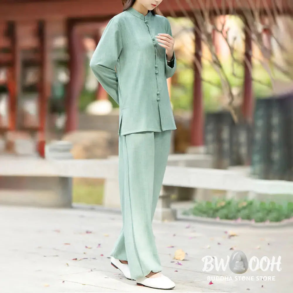 BWOOOH 2Pcs Chinese Frog-Button Long Sleeve Shirt Top Pants Meditation Zen Tai Chi Cotton Clothing Women’s Set