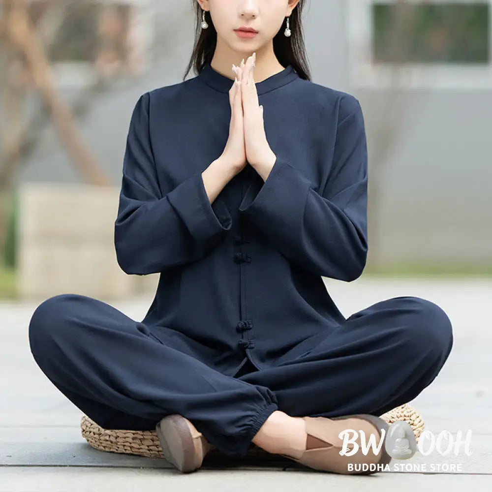BWOOOH 2Pcs Chinese Frog-Button Long Sleeve Shirt Top Pants Meditation Zen Tai Chi Cotton Clothing Women’s Set