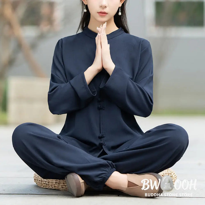 BWOOOH 2Pcs Chinese Frog-Button Long Sleeve Shirt Top Pants Meditation Zen Tai Chi Cotton Clothing Women’s Set
