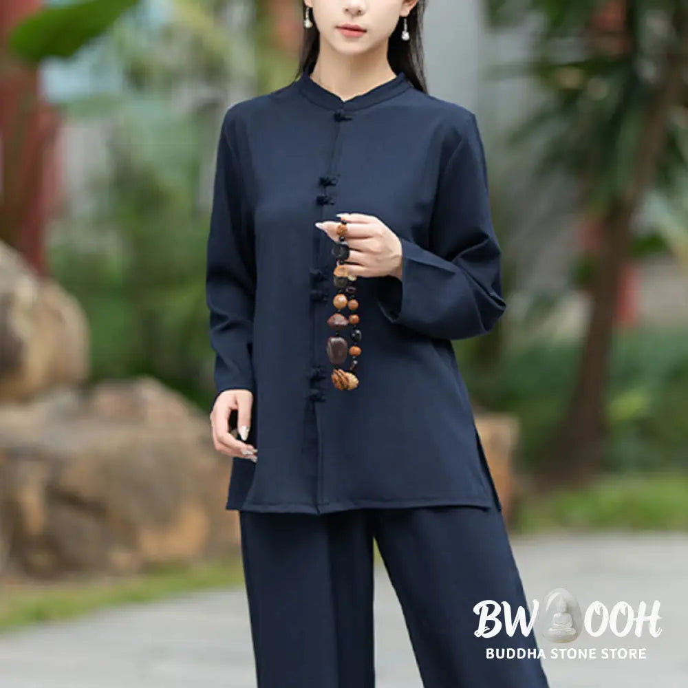 BWOOOH 2Pcs Chinese Frog-Button Long Sleeve Shirt Top Pants Meditation Zen Tai Chi Cotton Clothing Women’s Set