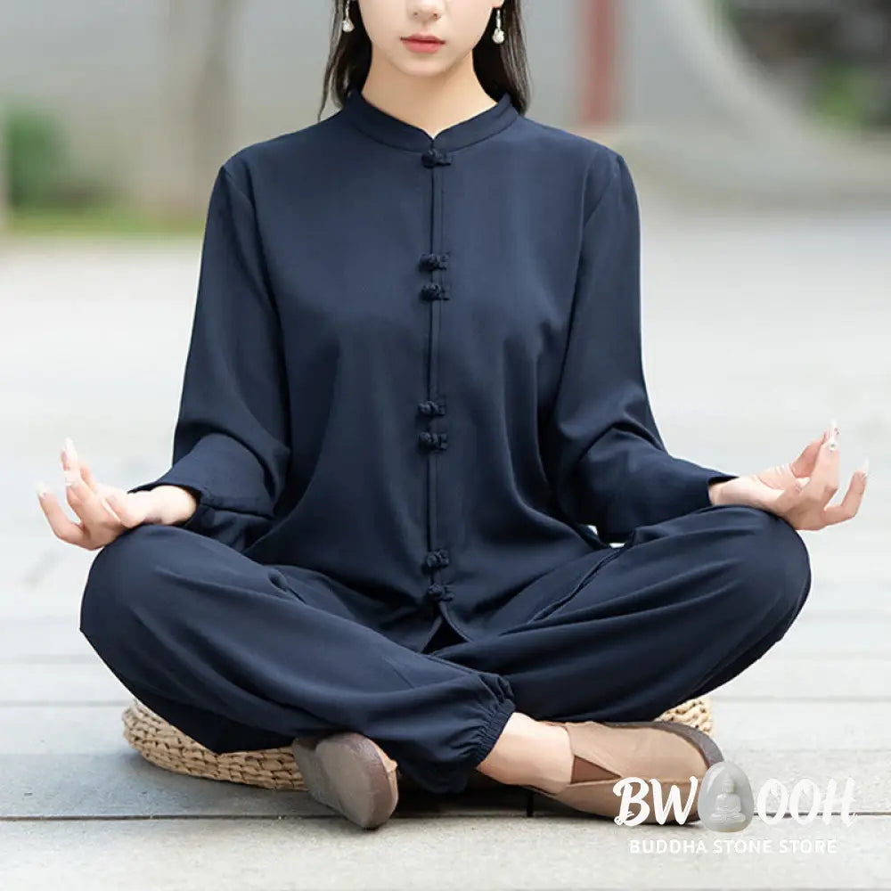 BWOOOH 2Pcs Chinese Frog-Button Long Sleeve Shirt Top Pants Meditation Zen Tai Chi Cotton Clothing Women’s Set