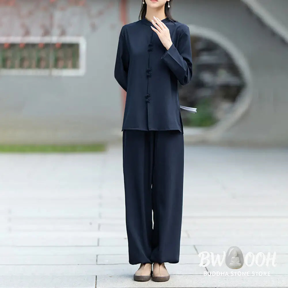 BWOOOH 2Pcs Chinese Frog-Button Long Sleeve Shirt Top Pants Meditation Zen Tai Chi Cotton Clothing Women’s Set