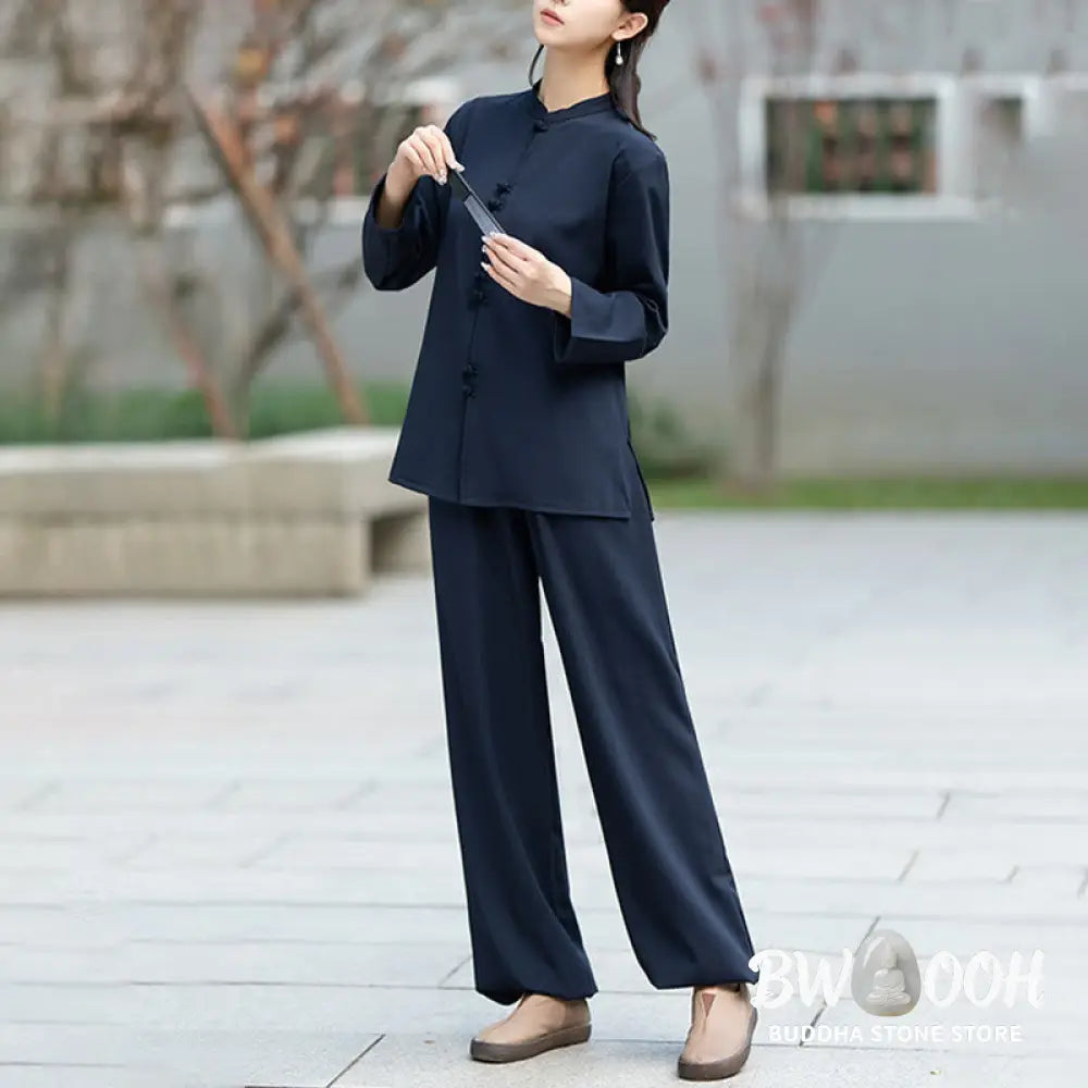 BWOOOH 2Pcs Chinese Frog-Button Long Sleeve Shirt Top Pants Meditation Zen Tai Chi Cotton Clothing Women’s Set