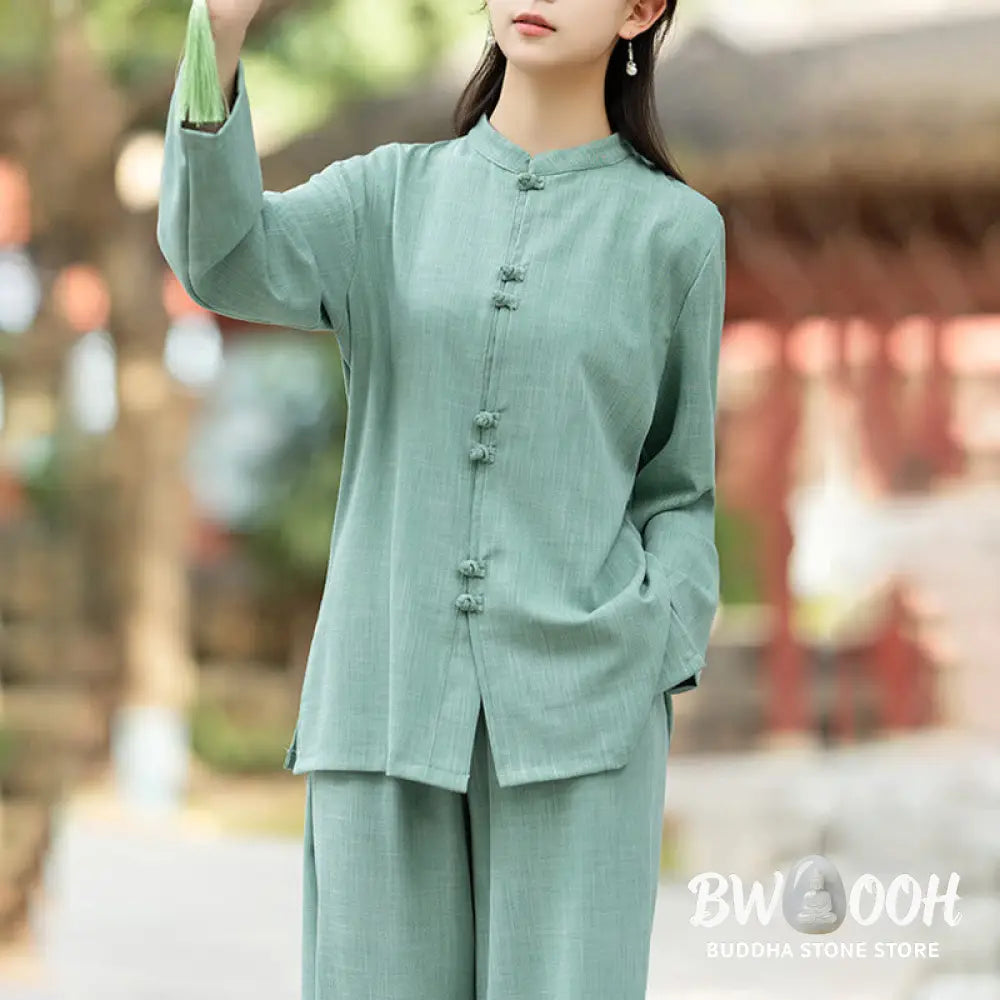 BWOOOH 2Pcs Chinese Frog-Button Long Sleeve Shirt Top Pants Meditation Zen Tai Chi Cotton Clothing Women’s Set