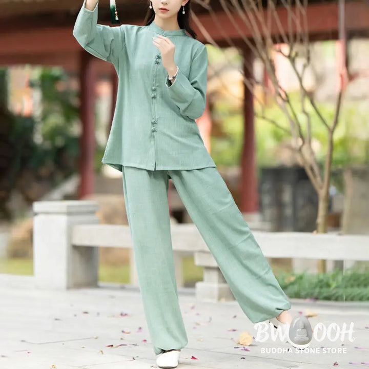 BWOOOH 2Pcs Chinese Frog-Button Long Sleeve Shirt Top Pants Meditation Zen Tai Chi Cotton Clothing Women’s Set