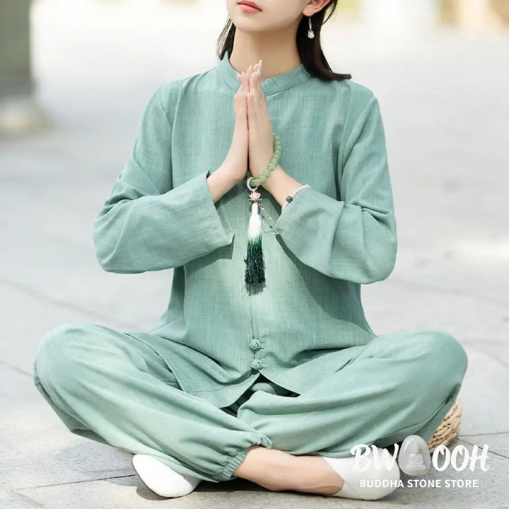 BWOOOH 2Pcs Chinese Frog-Button Long Sleeve Shirt Top Pants Meditation Zen Tai Chi Cotton Clothing Women’s Set