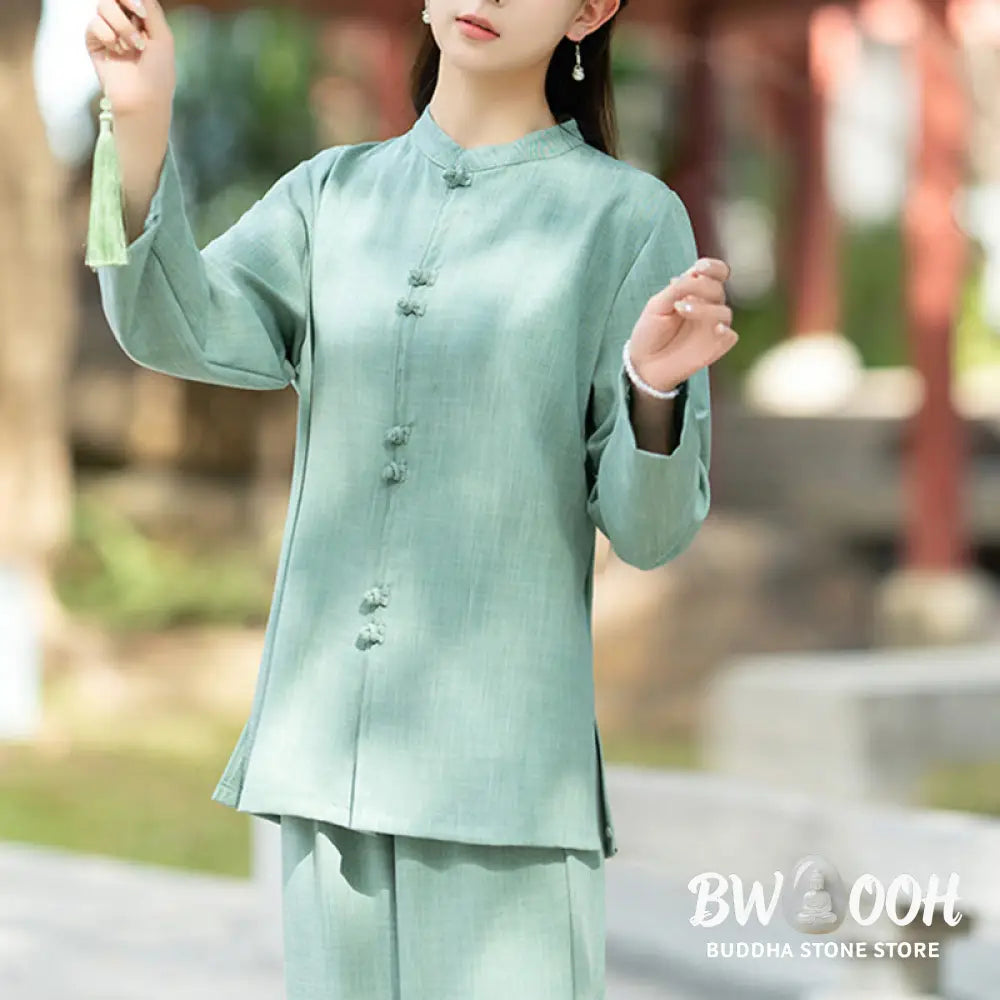 BWOOOH 2Pcs Chinese Frog-Button Long Sleeve Shirt Top Pants Meditation Zen Tai Chi Cotton Clothing Women’s Set