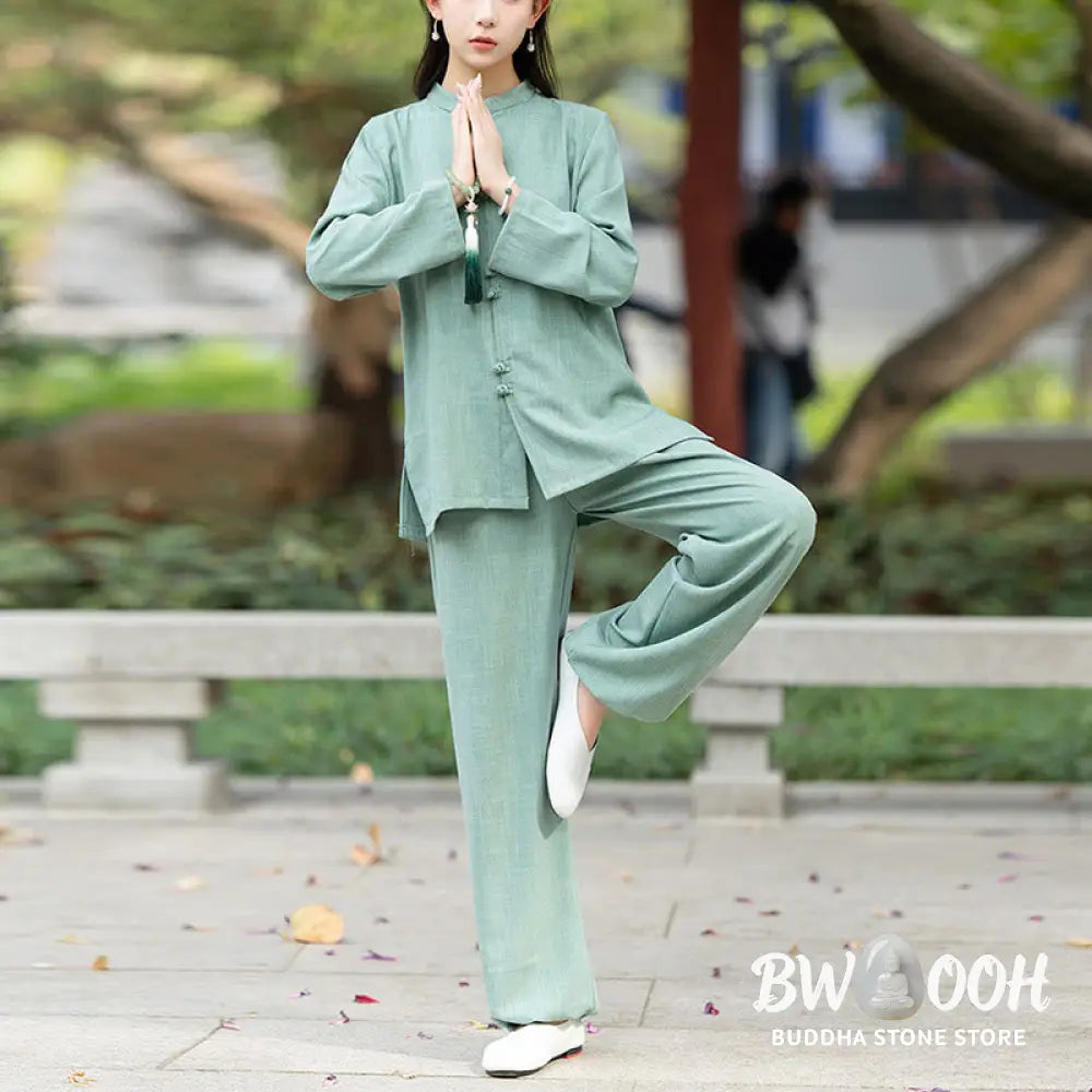 BWOOOH 2Pcs Chinese Frog-Button Long Sleeve Shirt Top Pants Meditation Zen Tai Chi Cotton Clothing Women’s Set