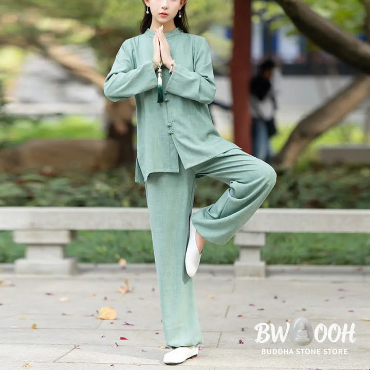 BWOOOH 2Pcs Chinese Frog-Button Long Sleeve Shirt Top Pants Meditation Zen Tai Chi Cotton Clothing Women’s Set