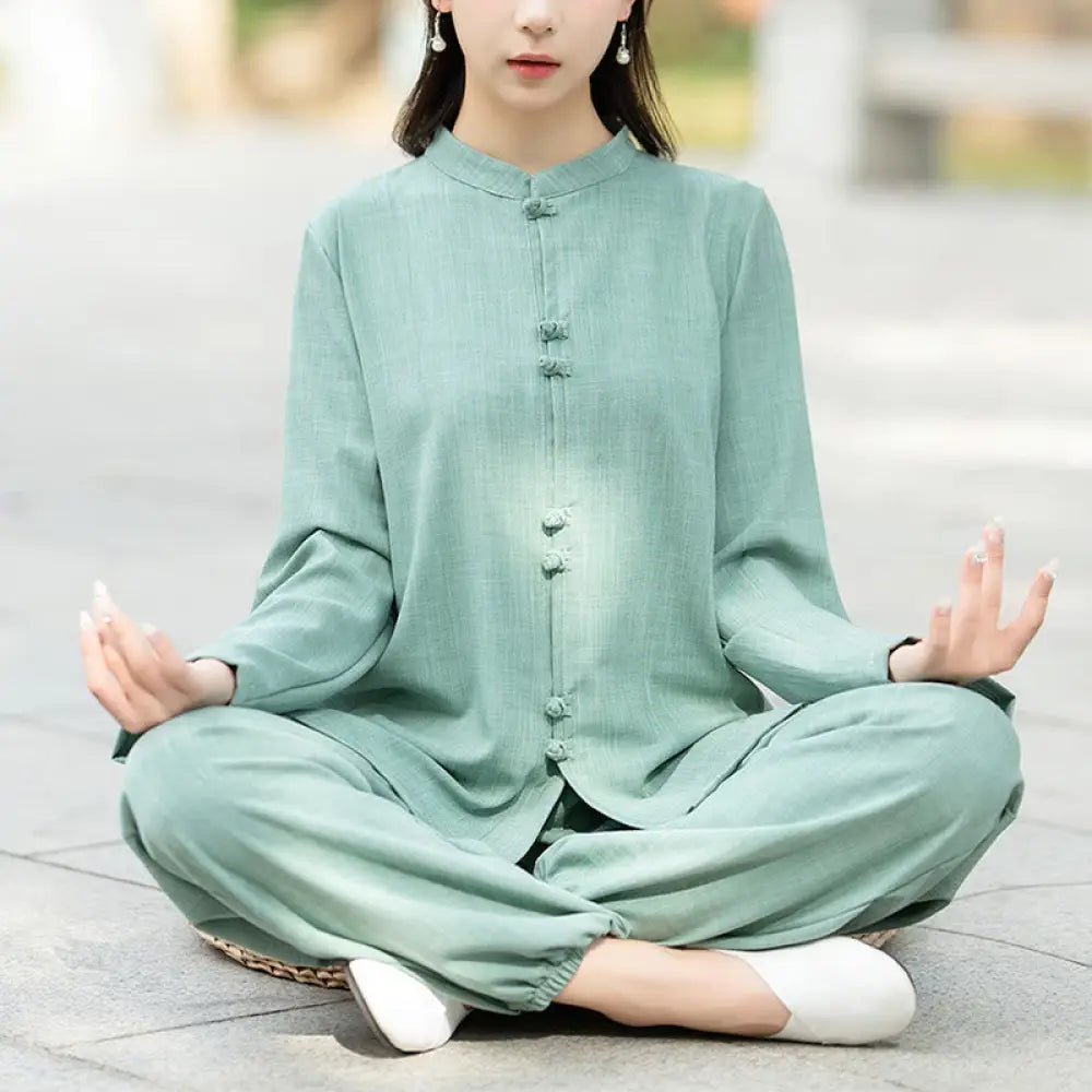 BWOOOH 2Pcs Chinese Frog-Button Long Sleeve Shirt Top Pants Meditation Zen Tai Chi Cotton Clothing Women’s Set