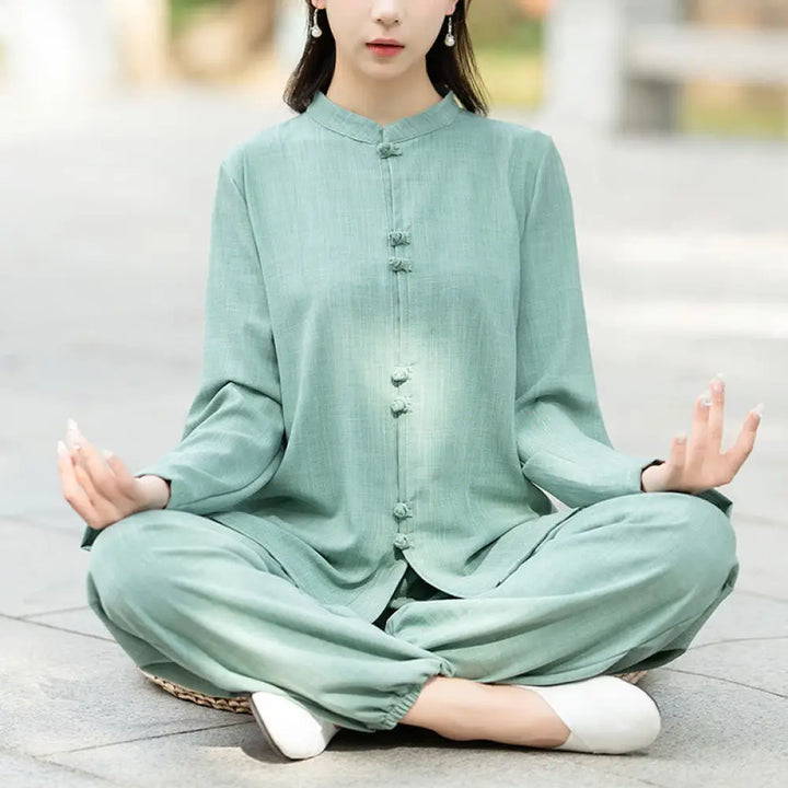 BWOOOH 2Pcs Chinese Frog-Button Long Sleeve Shirt Top Pants Meditation Zen Tai Chi Cotton Clothing Women’s Set