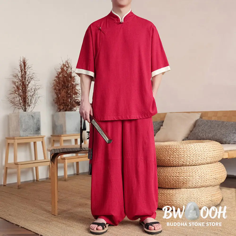 BWOOOH 2Pcs Chinese Frog-button Men’s Shirt Wide Leg Pants Meditation Cloth Set - Men’s Meditation Cloth