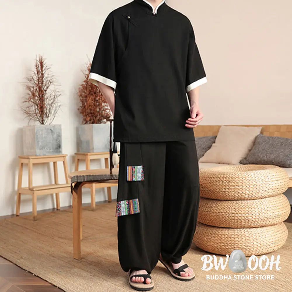 BWOOOH 2Pcs Chinese Frog-button Men’s Shirt Wide Leg Pants Meditation Cloth Set - Men’s Meditation Cloth