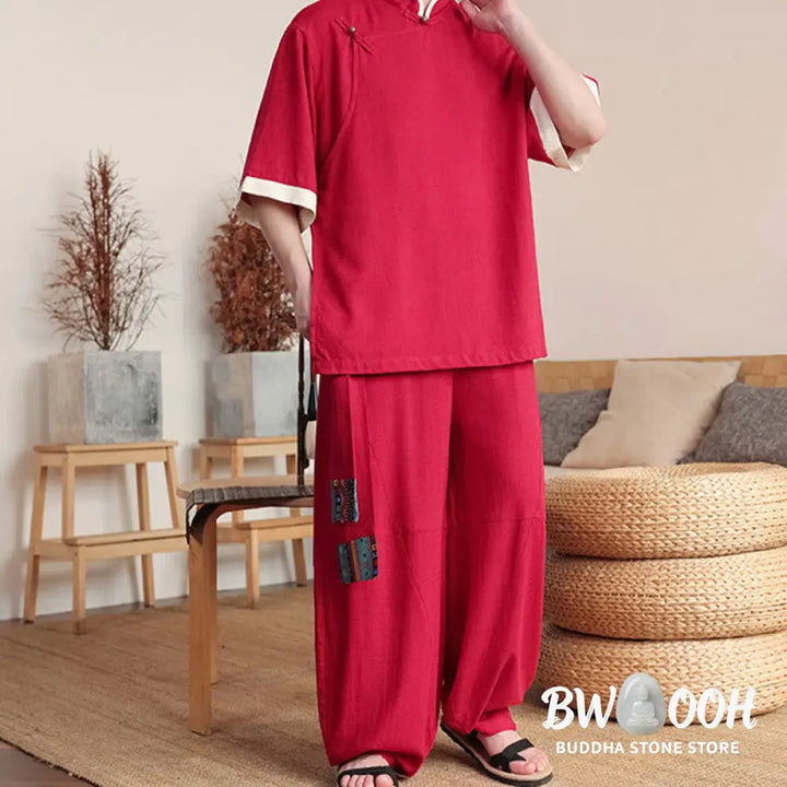 BWOOOH 2Pcs Chinese Frog-button Men’s Shirt Wide Leg Pants Meditation Cloth Set - Men’s Meditation Cloth