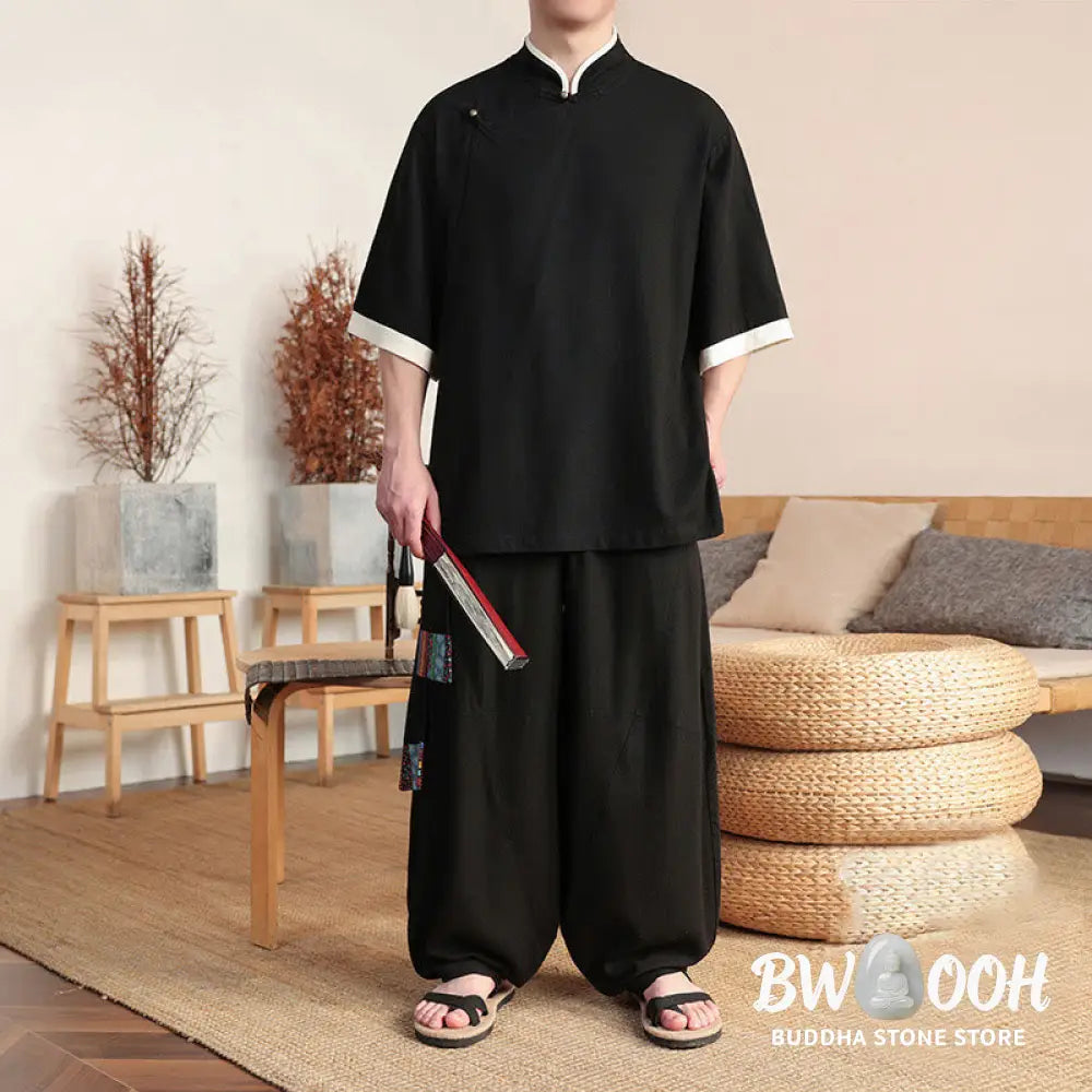 BWOOOH 2Pcs Chinese Frog-button Men’s Shirt Wide Leg Pants Meditation Cloth Set - Men’s Meditation Cloth