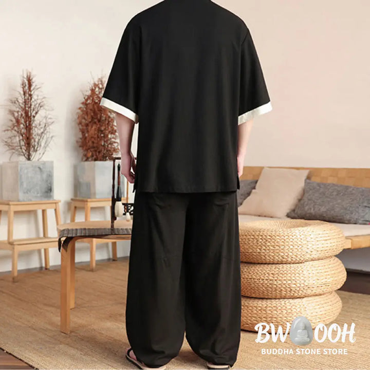 BWOOOH 2Pcs Chinese Frog-button Men’s Shirt Wide Leg Pants Meditation Cloth Set - Men’s Meditation Cloth