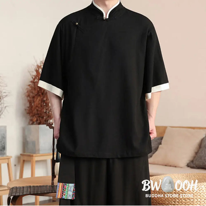 BWOOOH 2Pcs Chinese Frog-button Men’s Shirt Wide Leg Pants Meditation Cloth Set - Men’s Meditation Cloth