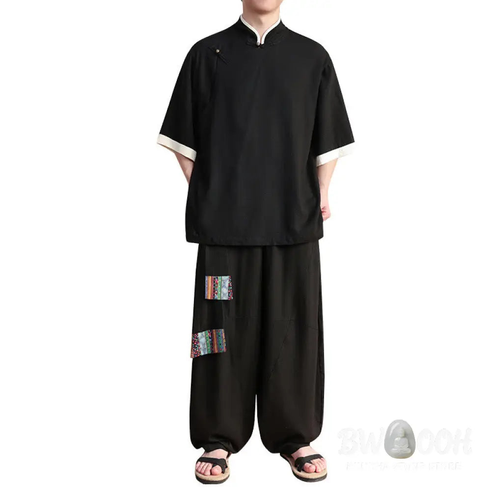 BWOOOH 2Pcs Chinese Frog-button Men’s Shirt Wide Leg Pants Meditation Cloth Set - Men’s Meditation Cloth