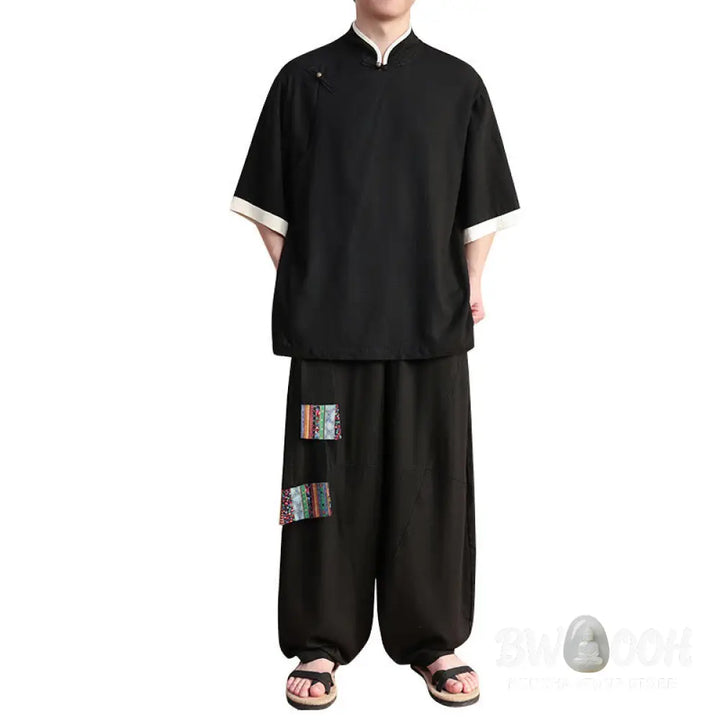 BWOOOH 2Pcs Chinese Frog-button Men’s Shirt Wide Leg Pants Meditation Cloth Set - Men’s Meditation Cloth