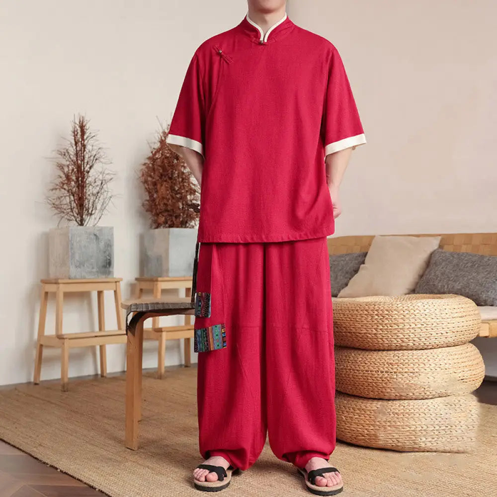 BWOOOH 2Pcs Chinese Frog-button Men’s Shirt Wide Leg Pants Meditation Cloth Set - Crimson / US/UK/AU36，EU46 (L) - Men’s