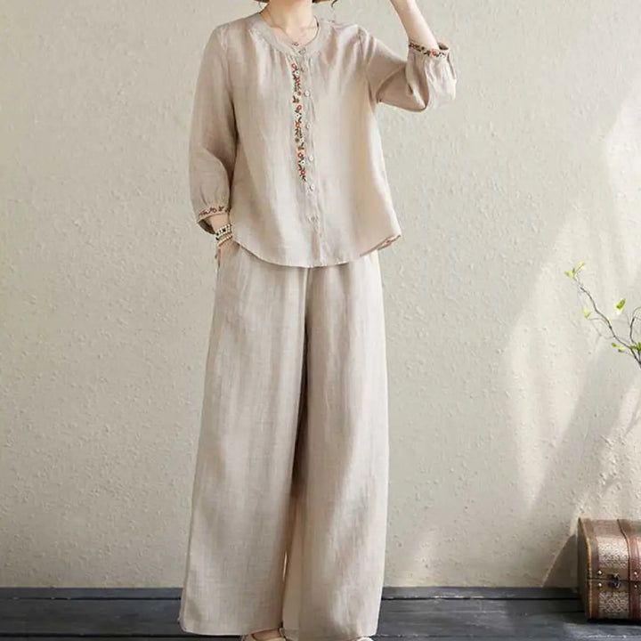 BWOOOH 2Pcs Cotton Embroidery Flowers Shirt Top Pants Meditation Zen Tai Chi Clothing Women’s Set - Beige