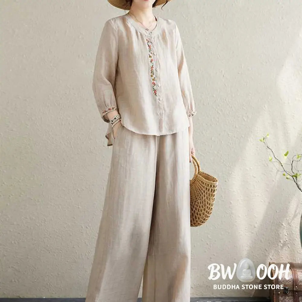 BWOOOH 2Pcs Cotton Embroidery Flowers Shirt Top Pants Meditation Zen Tai Chi Clothing Women’s Set - Women’s Meditation