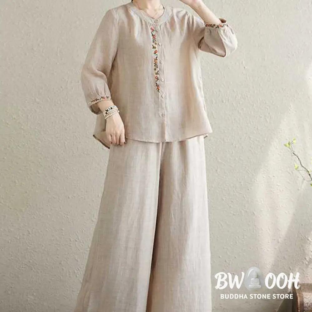 BWOOOH 2Pcs Cotton Embroidery Flowers Shirt Top Pants Meditation Zen Tai Chi Clothing Women’s Set - Women’s Meditation