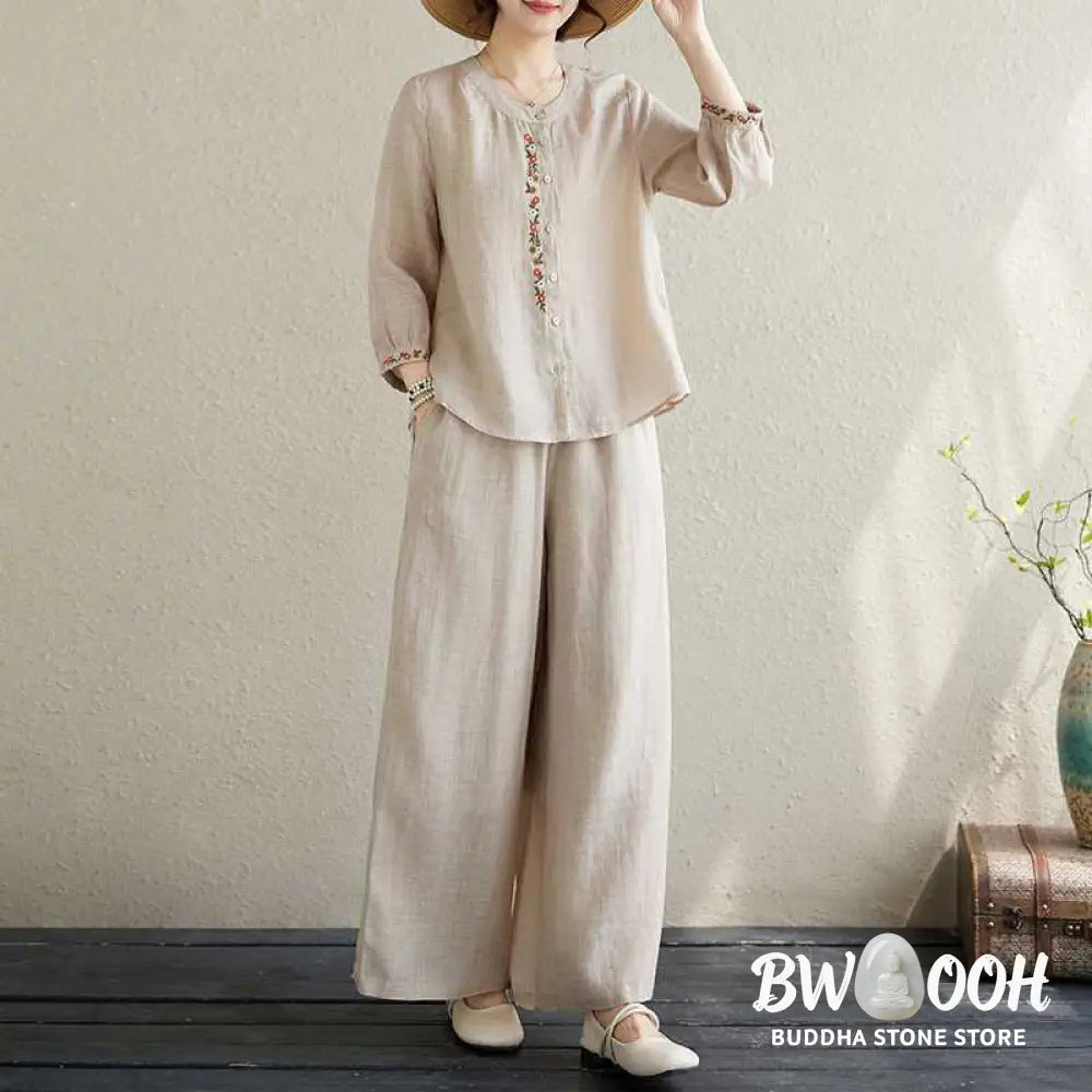BWOOOH 2Pcs Cotton Embroidery Flowers Shirt Top Pants Meditation Zen Tai Chi Clothing Women’s Set - Women’s Meditation