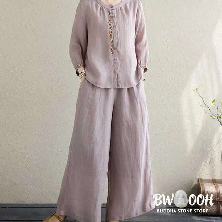 BWOOOH 2Pcs Cotton Embroidery Flowers Shirt Top Pants Meditation Zen Tai Chi Clothing Women’s Set - Women’s Meditation