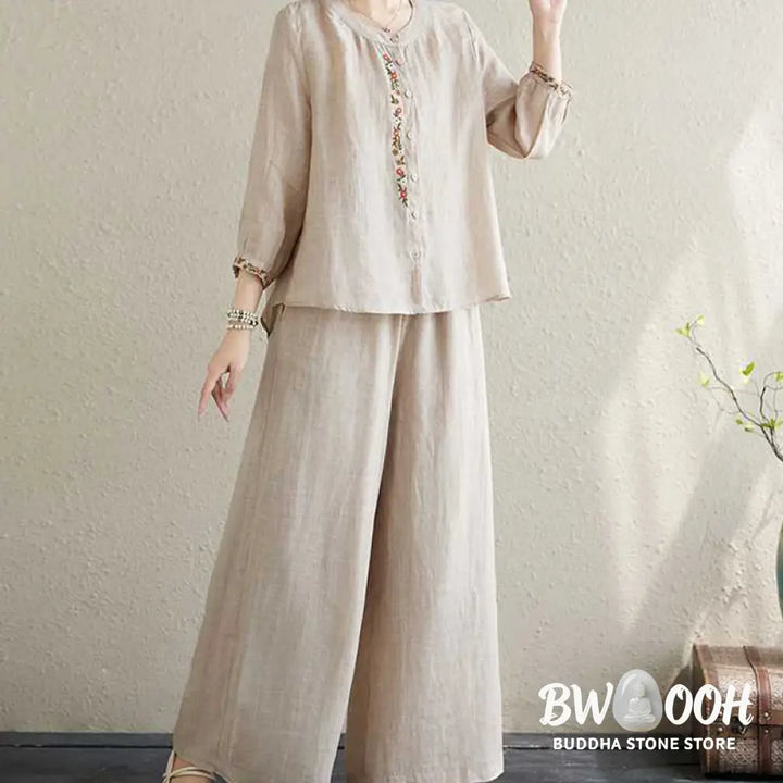 BWOOOH 2Pcs Cotton Embroidery Flowers Shirt Top Pants Meditation Zen Tai Chi Clothing Women’s Set - Women’s Meditation