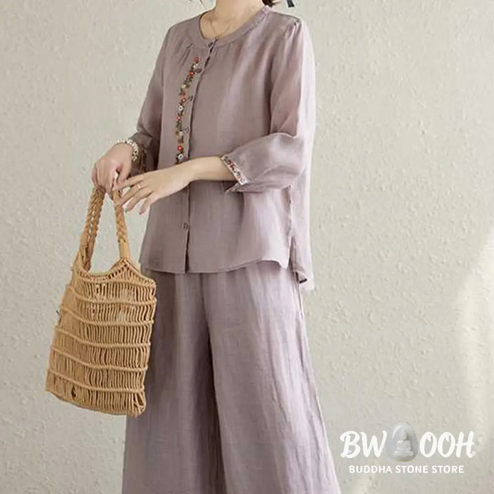 BWOOOH 2Pcs Cotton Embroidery Flowers Shirt Top Pants Meditation Zen Tai Chi Clothing Women’s Set - Women’s Meditation