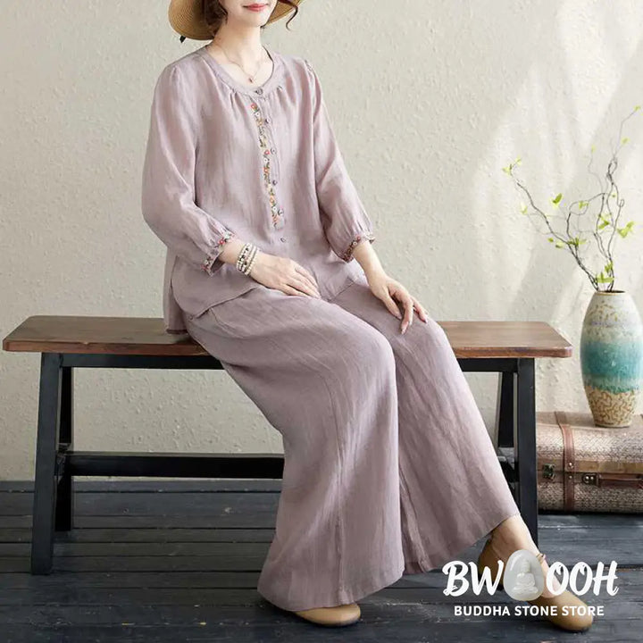BWOOOH 2Pcs Cotton Embroidery Flowers Shirt Top Pants Meditation Zen Tai Chi Clothing Women’s Set - Women’s Meditation